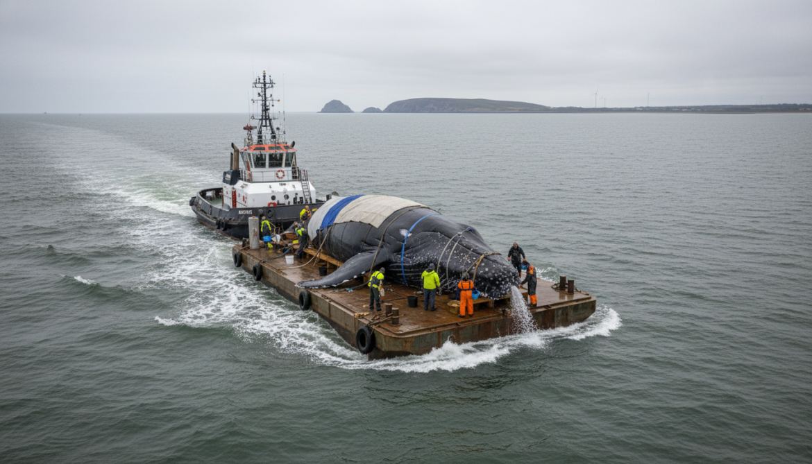Stranded humpback Timmy embarks on barge journey to North Sea
