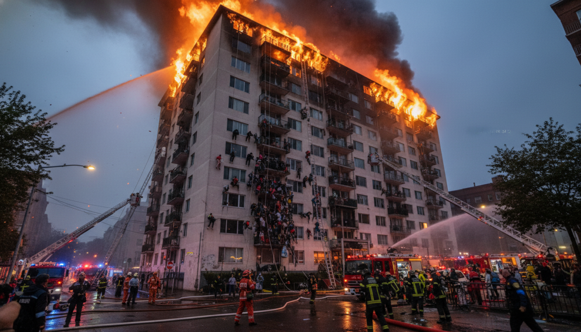 Apartment building fire forces residents to descend 14 flights amid rooftop flames