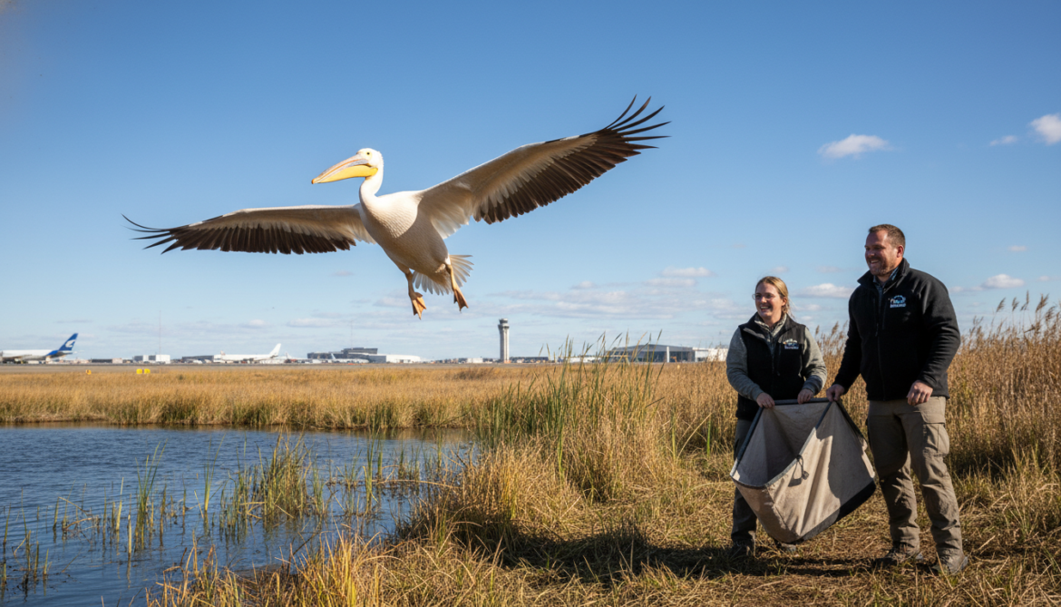 Calgary Wildlife releases rehabilitated American white pelican rescued at airport after seven months