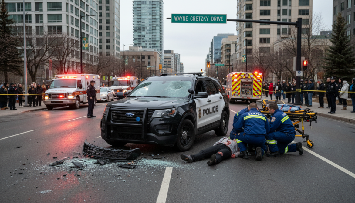 Police vehicle collides with woman on Wayne Gretzky Drive, woman seriously injured