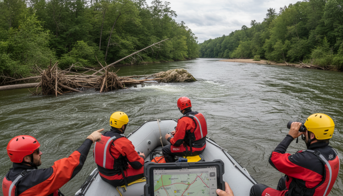 River rescue teams identify probable shore impact points, strainers and eddies