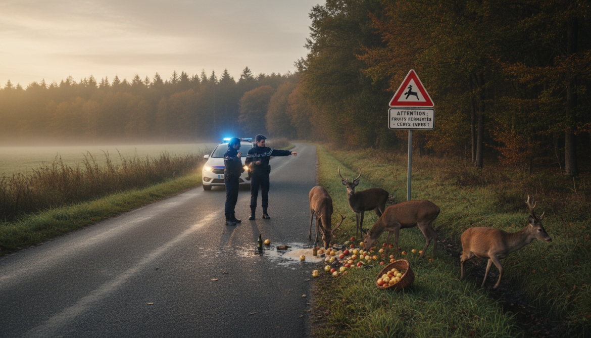 French police warn drivers of deer intoxicated by fermented fruit on rural roads