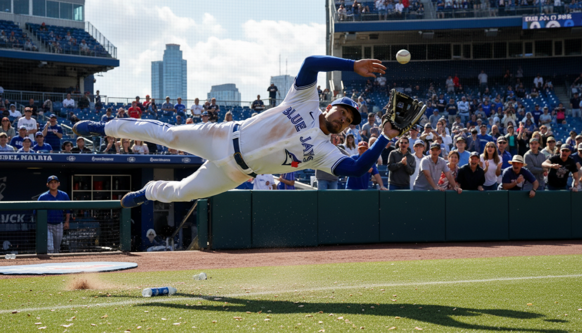 Blue Jays' Okamoto makes acrobatic bobbling catch in foul territory