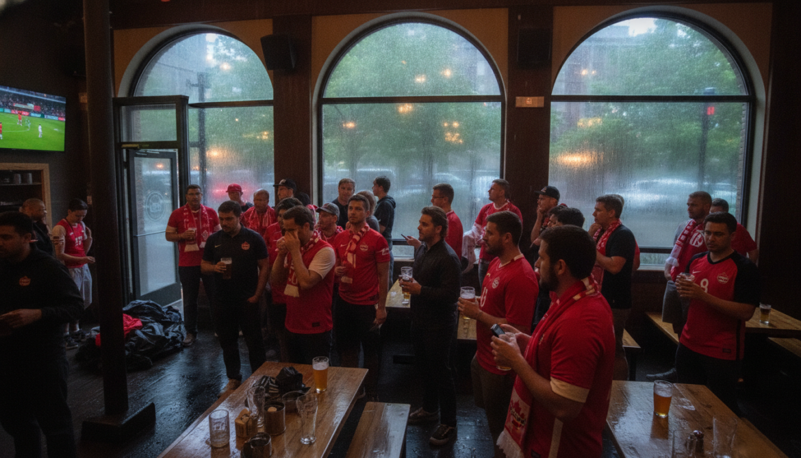 Canada fans in Montreal shelter at Siboire as heavy rain drenches match