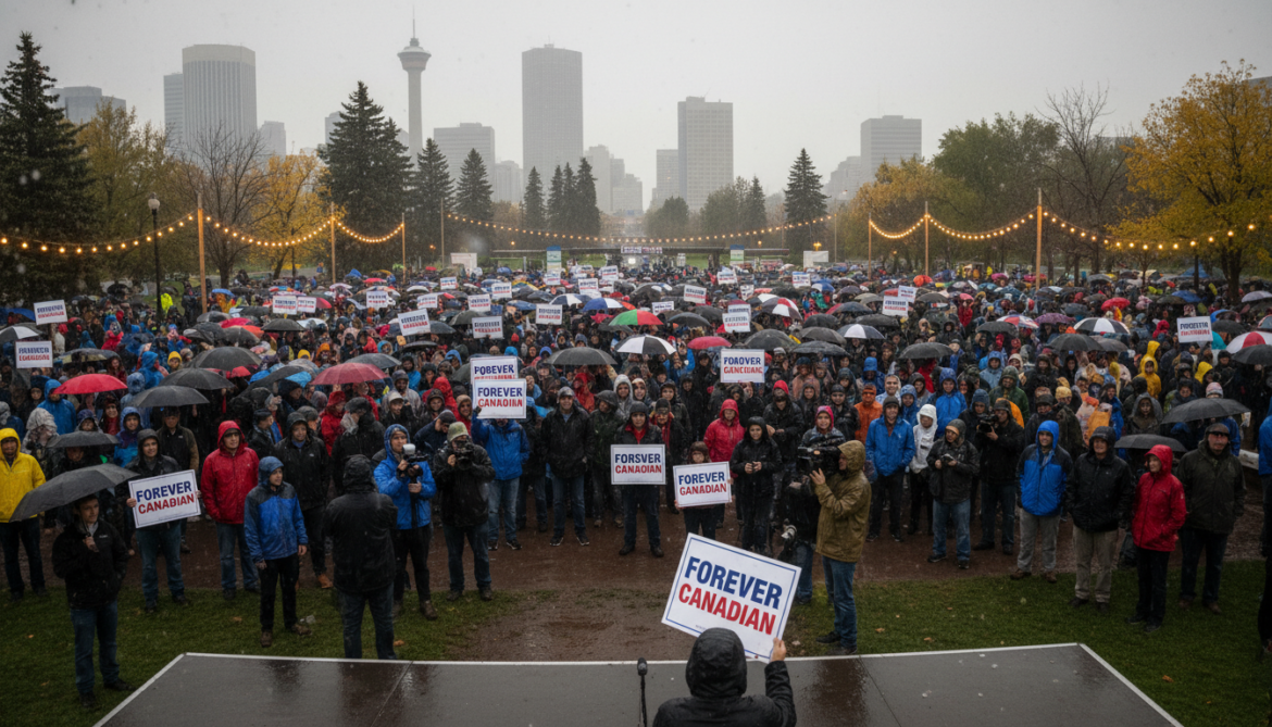 Forever Canadian lawn sign pop-up draws hundreds in Calgary rain