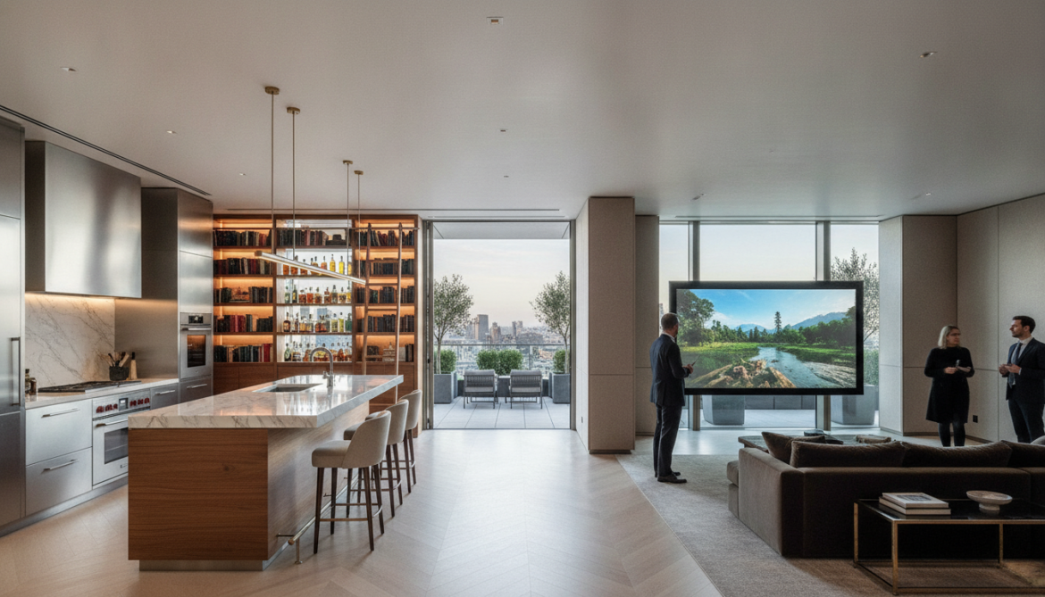 Luxury penthouse features full kitchen, bar, library, terrace and media room