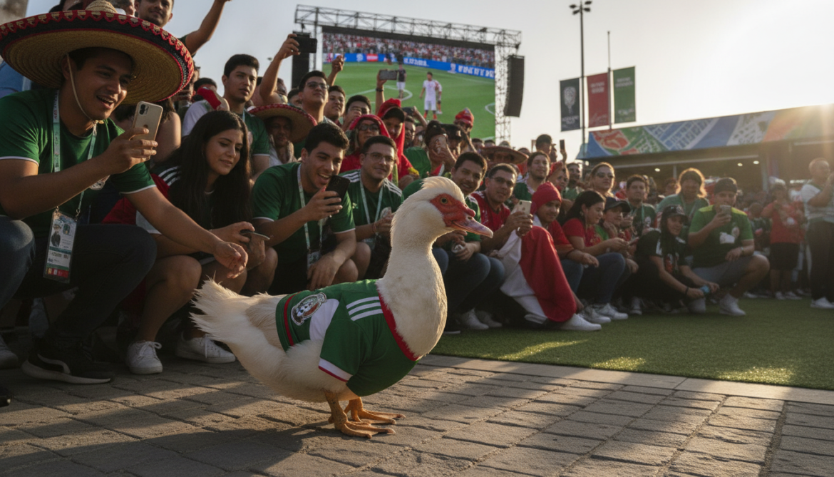 Merlin the Duck Waddles in Mexico Jersey and Charms World Cup Fans