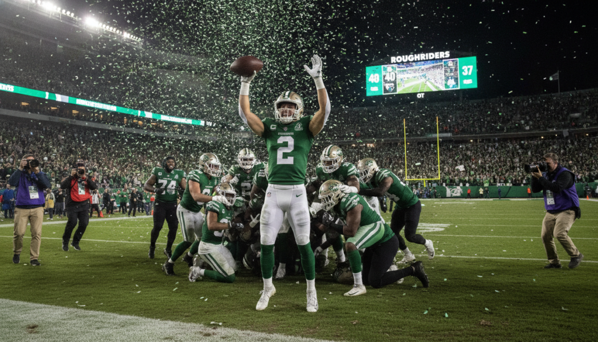 Saskatchewan Roughriders prevail in overtime as Tommy Stevens scores winning touchdown 40-37