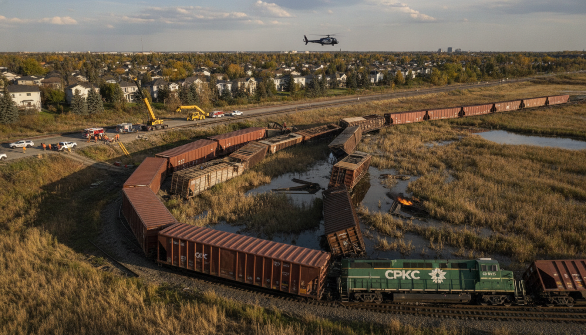 CPKC freight train derails in Calgary as 13 cars enter Priddis Slough