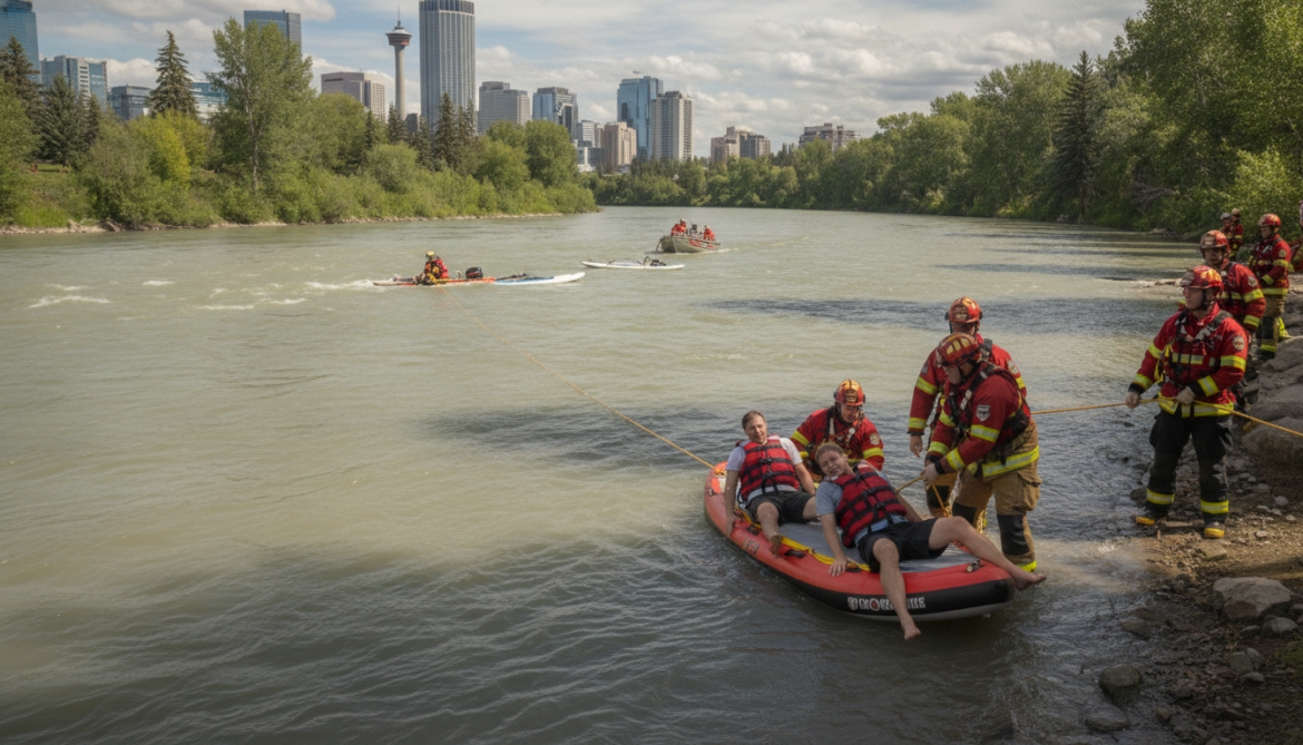 Calgary Fire Department rescues three paddleboarders from fast-flowing Bow River