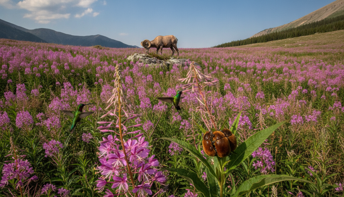 Highwood Pass Alberta fireweed season captures bighorn, hummingbirds and velvet beetles