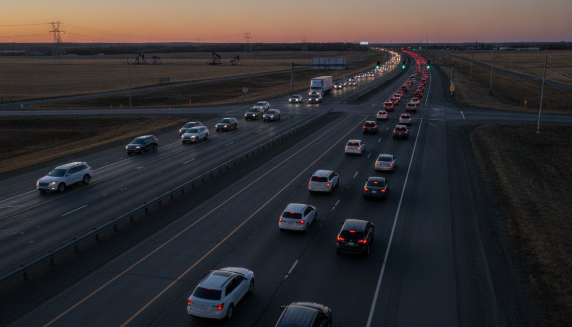 Alberta Highway 13 traffic zips through intersection as Highway 41 drivers crawl