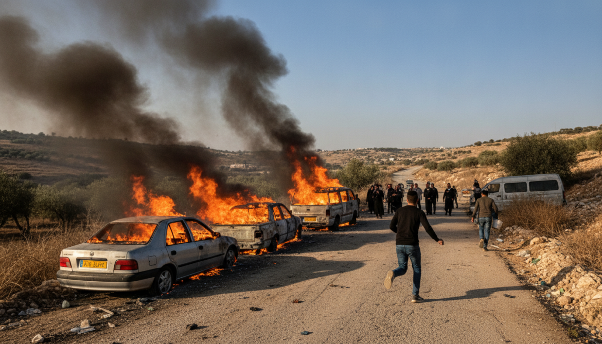 Settler attack south of Nablus engulfs multiple vehicles in flames