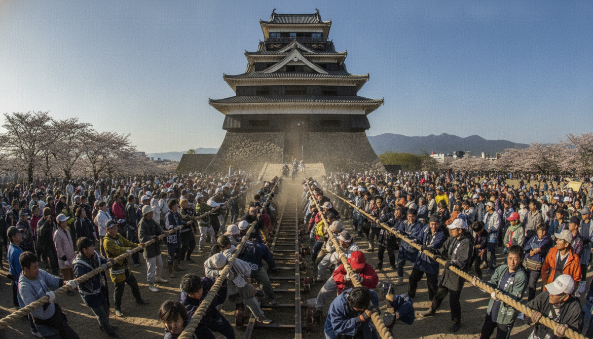 Historic Hirosaki Castle pulled toward original site by 4,000 volunteers