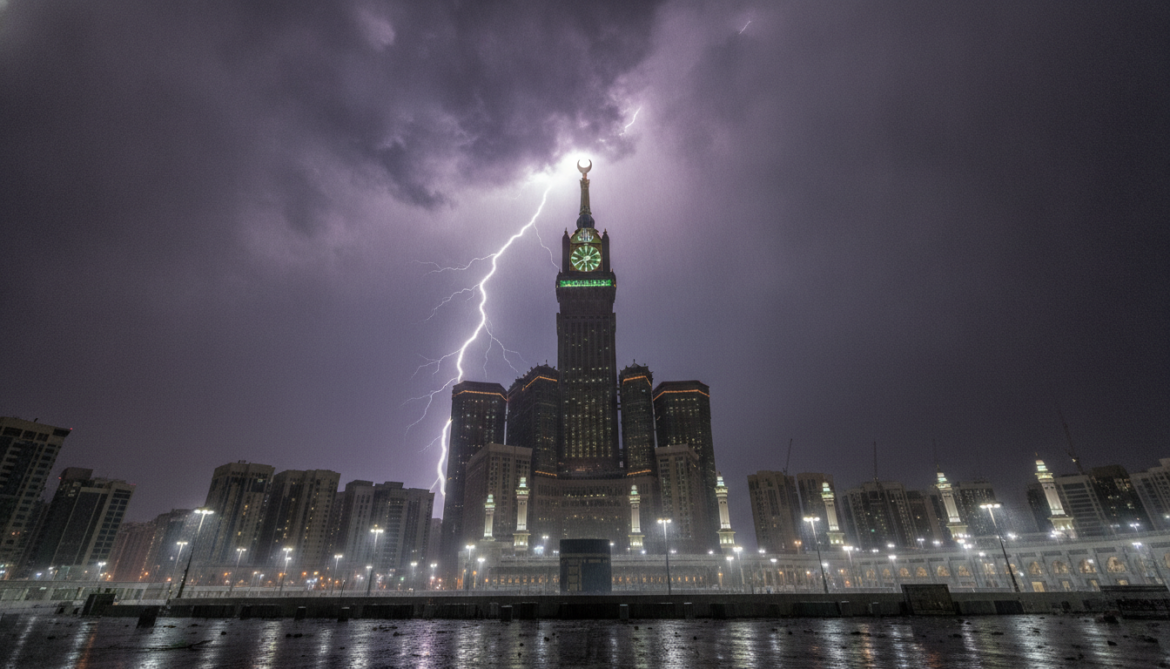 Mecca clock tower struck by lightning amid intense storm footage